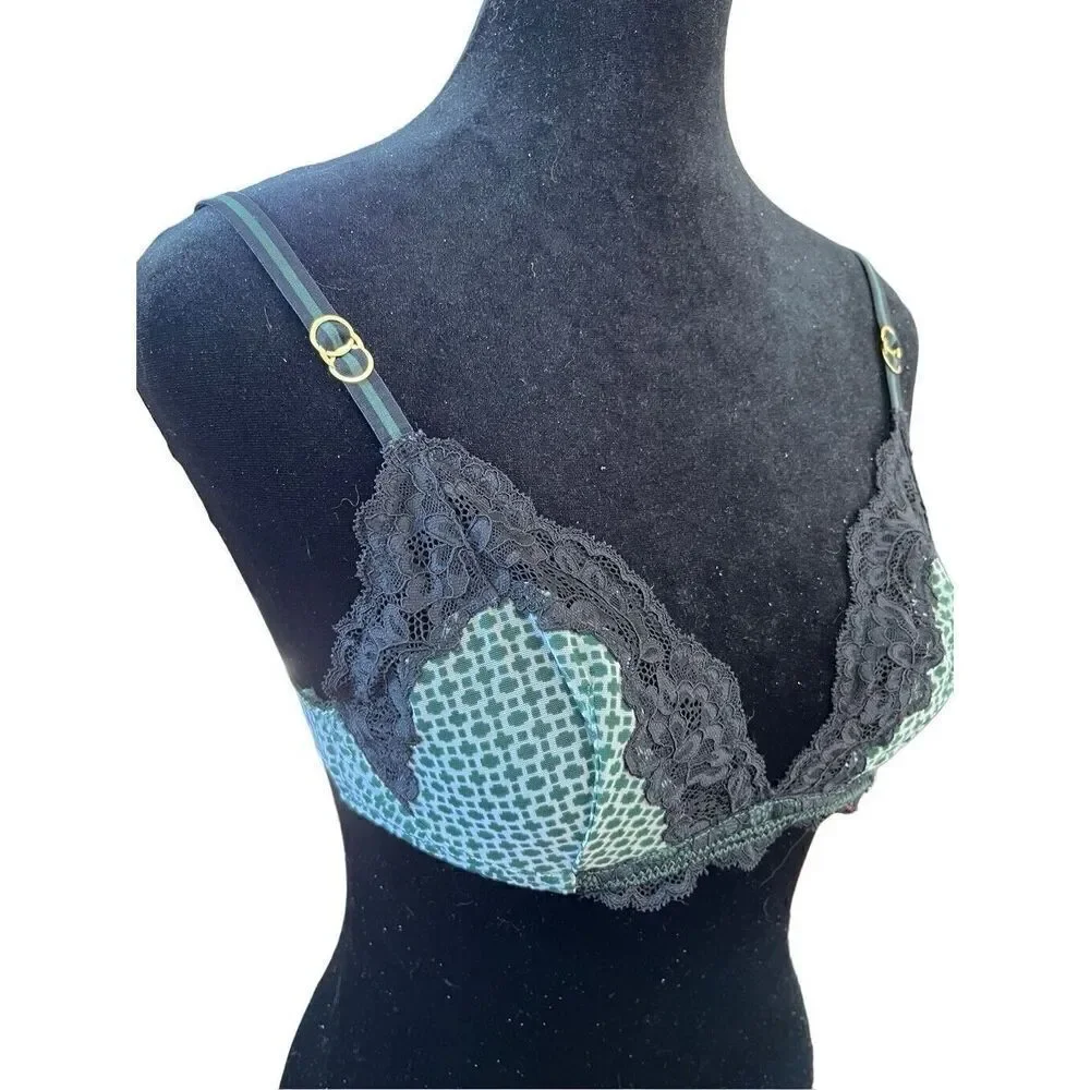 STELLA McCARTNEY Intimates Black Lace Bra Green Cup Underwire S230-255 32C NWOT